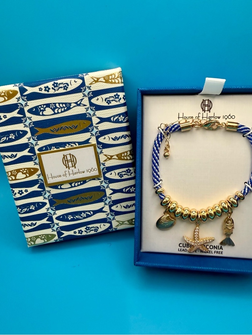 House of Harlow 1960 Blue and Gold Nautical Charm Bracelet with Starfish
